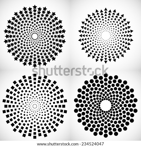 Halftone Dots Collection . Blac Stars, Circles, Rectangles in Spiral Form. Vector Logo Design Template. Business Icon. 