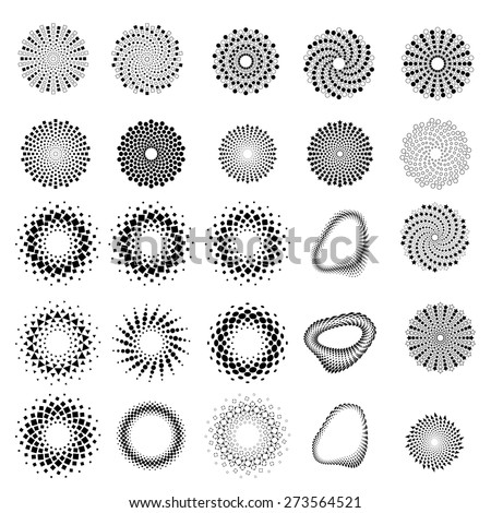 Halftone Dots Collection . Blac Stars, Circles, Rectangles in Spiral Form. Vector Logo Design Template. Business Icon.