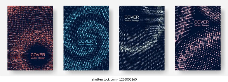 Halftone dots cover page layouts vector design. Flat geometric backgrounds. Party posters set with radial halftone dots gradient texture. Music flyer frame templates. Retro cover pages.