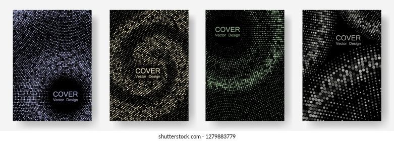 Halftone dots cover page layouts vector design. Circles shade canvas. Party posters set with radial halftone dots gradient texture. Simplicity geometric design. Banner frame templates.