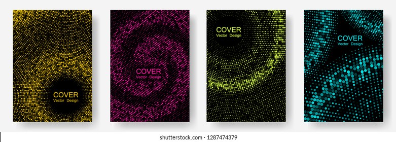 Halftone dots cover page layouts vector design. Music flyer frame templates. Party posters set with radial halftone dots gradient texture. Vintage cover pages. Simplicity geometric design.