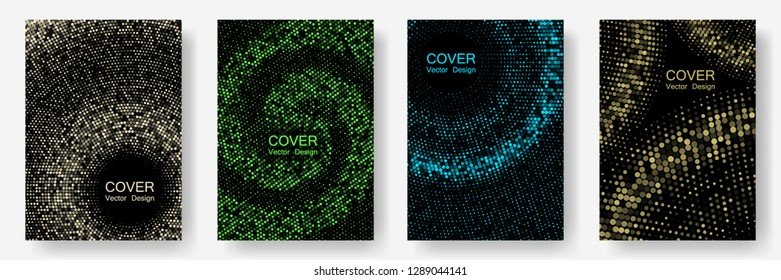 Halftone dots cover page layouts vector design. Flyer patterns collection. Party posters set with radial halftone dots gradient texture. Vintage cover pages. Flat geometric backgrounds.