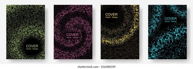Halftone dots cover page layouts vector design. Modern creative background. Party posters set with radial halftone dots gradient texture. Circles shade canvas. Banner patterns cool set.