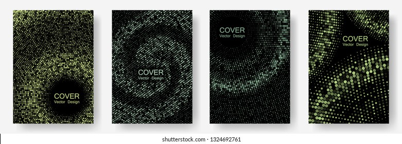 Halftone dots cover page layouts vector design. Retro cover pages. Party posters set with radial halftone dots gradient texture. Simplicity geometric design. Banner frame templates.