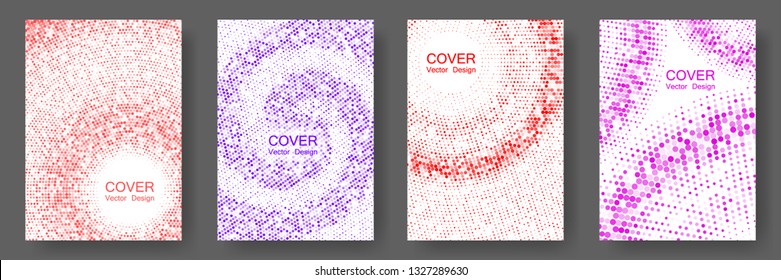 Halftone dots cover page layouts vector design. Simplicity geometric design. Party posters set with radial halftone dots gradient texture. Retro cover pages. Flyer patterns collection.