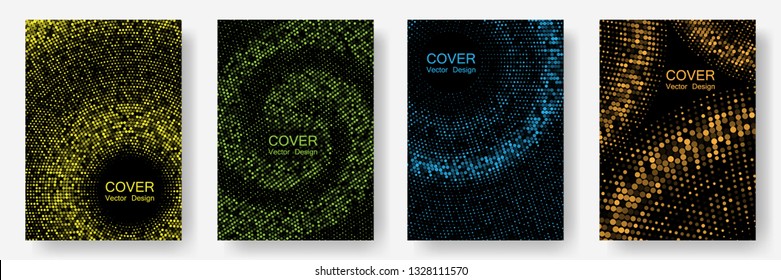 Halftone dots cover page layouts vector design. Flat geometric backgrounds. Party posters set with radial halftone dots gradient texture. Circles shade canvas. Banner patterns cool set.