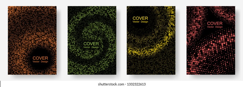 Halftone dots cover page layouts vector design. Circles shade canvas. Party posters set with radial halftone dots gradient texture. Music flyer frame templates. Simplicity geometric design.