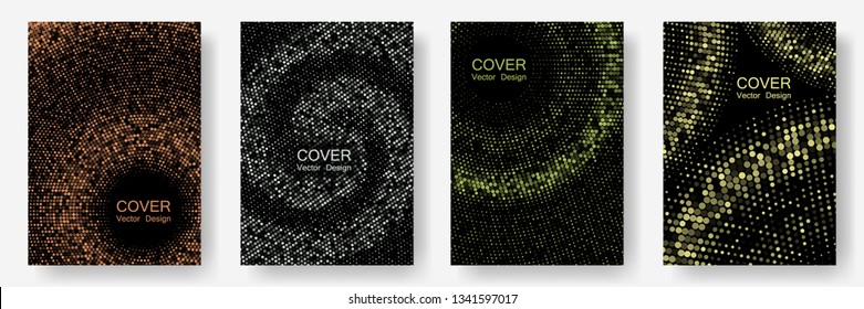 Halftone dots cover page layouts vector design. Retro cover pages. Party posters set with radial halftone dots gradient texture. Flat geometric backgrounds. Banner patterns cool set.
