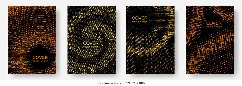 Halftone dots cover page layouts vector design. Vintage cover pages. Party posters set with radial halftone dots gradient texture. Music flyer frame templates. Simplicity geometric design.