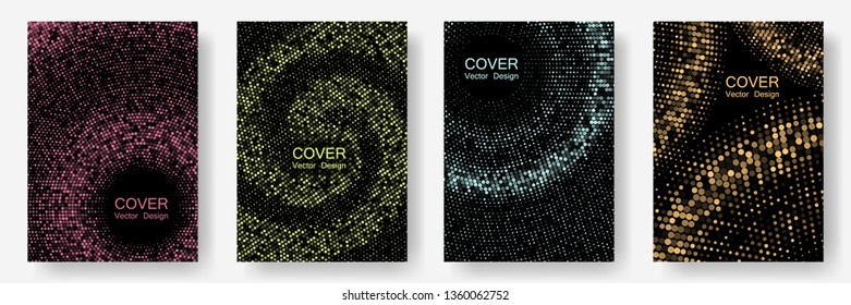 Halftone dots cover page layouts vector design. Banner frame templates. Party posters set with radial halftone dots gradient texture. Flat geometric backgrounds. Retro cover pages.