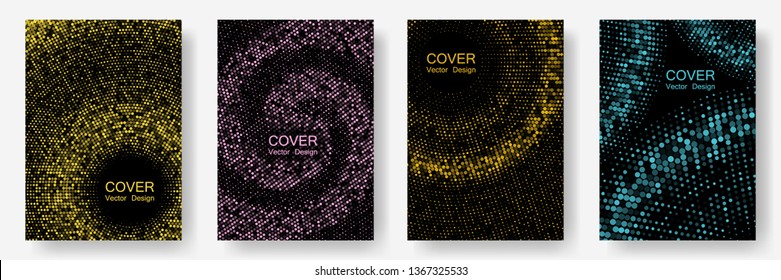 Halftone dots cover page layouts vector design. Retro cover pages. Party posters set with radial halftone dots gradient texture. Banner patterns cool set. Flat geometric backgrounds.