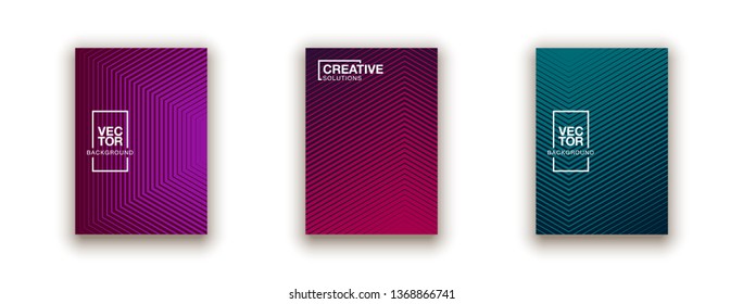 Halftone dots cover page layouts design. Flat geometric backgrounds. Party posters set with radial halftone dots gradient texture. Music flyer frame templates. Retro cover pages.
