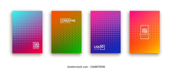 Halftone dots cover page layouts vector design. Flat geometric backgrounds. Party posters set with radial halftone dots gradient texture. Music flyer frame templates. Retro cover pages.