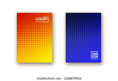 Halftone dots cover page layouts vector design. Flat geometric backgrounds. Party posters set with radial halftone dots gradient texture. Music flyer frame templates. Retro cover pages.