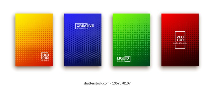 Halftone dots cover page layouts vector design. Flat geometric backgrounds. Party posters set with radial halftone dots gradient texture. Music flyer frame templates. Retro cover pages.