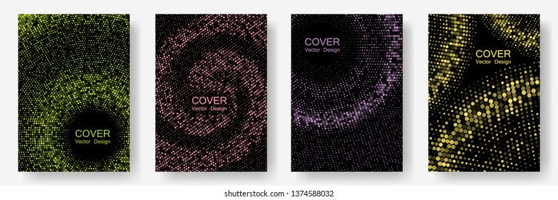 Halftone dots cover page layouts vector design. Banner frame templates. Party posters set with radial halftone dots gradient texture. Circles shade canvas. Modern creative background.