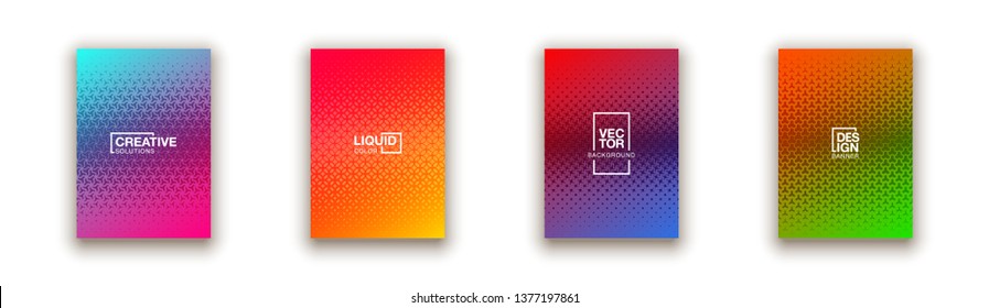 Halftone Dots Cover Page Layouts Design. Flat Geometric Backgrounds. Party Posters Set With Radial Halftone Dots Gradient Texture. Music Flyer Frame Templates. Retro Cover Pages.