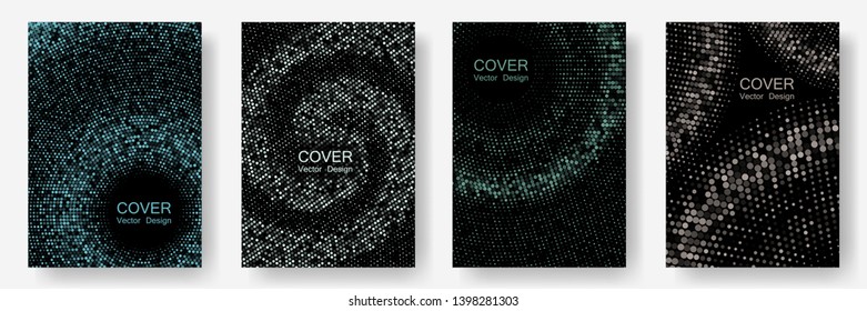 Halftone dots cover page layouts vector design. Banner frame templates. Party posters set with radial halftone dots gradient texture. Simplicity geometric design. Circles shade canvas.