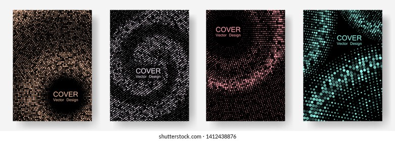 Halftone dots cover page layouts vector design. Banner frame templates. Party posters set with radial halftone dots gradient texture. Simplicity geometric design. Circles shade canvas.