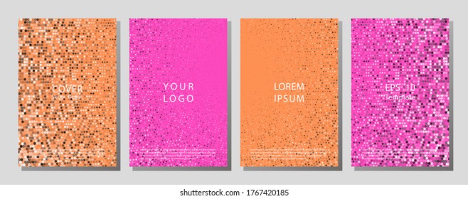 Halftone dots cover page layouts design. Flat geometric backgrounds. Vibrant mobile app design set Blending bright duo color template. Music flyer frame templates. Retro cover pages.