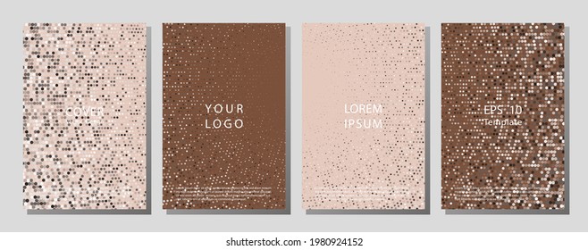 Halftone dots cover page layouts vector design. Flat geometric backgrounds. Party posters set with radial halftone dots gradient texture. Music flyer frame templates. Retro cover pages.