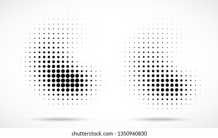 Halftone dots curved gradient pattern texture isolated on white background set. Curve dotted spots using halftone circle dot raster texture collection. Vector blot half tone illustration. 
