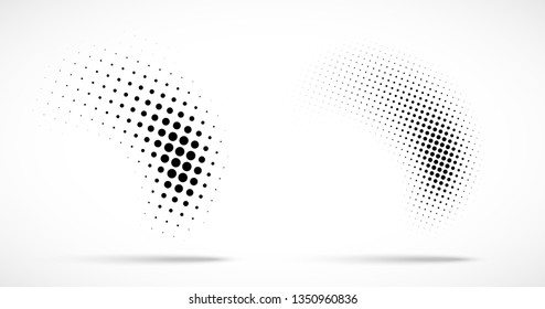 Halftone dots curved gradient pattern texture isolated on white background set. Curve dotted spots using halftone circle dot raster texture collection. Vector blot half tone illustration. 