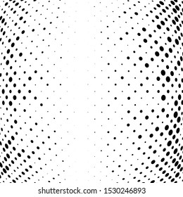 Half-tone dots. Dotted, circles pattern. Sphere, orb or globe distortion speckles. Diffuse radial, radiating bulge, bloat warp. Polka-dot inflate design. Abstract circles circular geometric pattern