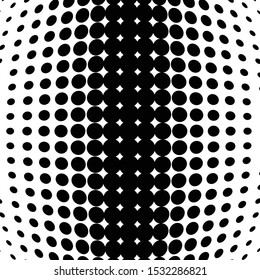 Half-tone dots. Dotted, circles pattern. Sphere, orb or globe distortion speckles. Diffuse radial, radiating bulge, bloat warp. Polka-dot inflate design. Abstract circles circular geometric pattern