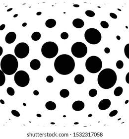 Half-tone dots. Dotted, circles pattern. Sphere, orb or globe distortion speckles. Diffuse radial, radiating bulge, bloat warp. Polka-dot inflate design. Abstract circles circular geometric pattern