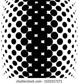 Half-tone dots. Dotted, circles pattern. Sphere, orb or globe distortion speckles. Diffuse radial, radiating bulge, bloat warp. Polka-dot inflate design. Abstract circles circular geometric pattern