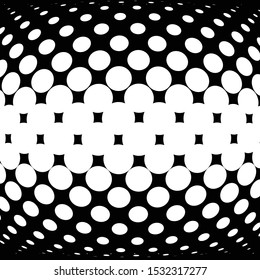 Half-tone dots. Dotted, circles pattern. Sphere, orb or globe distortion speckles. Diffuse radial, radiating bulge, bloat warp. Polka-dot inflate design. Abstract circles circular geometric pattern
