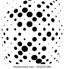 Half-tone dots. Dotted, circles pattern. Sphere, orb or globe distortion speckles. Diffuse radial, radiating bulge, bloat warp. Polka-dot inflate design. Abstract circles circular geometric pattern