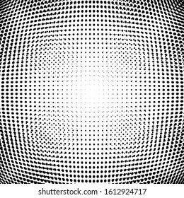 Half-tone dots. Dotted, circles pattern. Sphere, orb or globe distortion speckles. Diffuse radial, radiating bulge, bloat warp. Polka-dot inflate design. Abstract circles circular geometric pattern