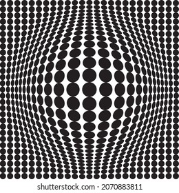 Half-tone dots. Dotted, circles pattern. Sphere, orb or globe distortion speckles. Diffuse radial, radiating bulge, bloat warp. Polka-dot inflate design. Abstract circles circular geometric pattern