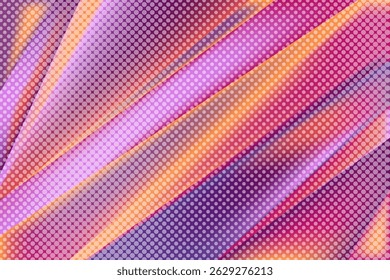 Halftone dots faded texture over diagonal stripes modern vector design. Classic halftone pattern gives tactile feel. Energetic vibe suited for trendy designs. Flowing design with ribbon-like folds.