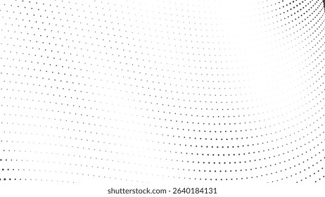 Halftone dots flowing in curved mesh wave pattern with smooth fade ideal for digital backgrounds abstract vector art and fluid design transitions in black and white