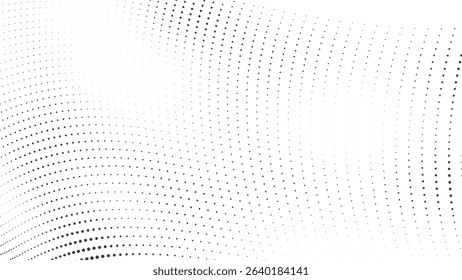 Halftone dots flowing in curved mesh wave pattern with smooth fade ideal for digital backgrounds abstract vector art and fluid design transitions in black and white