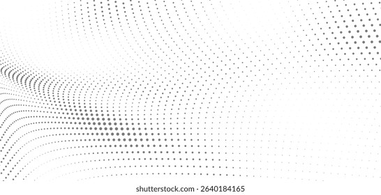 Halftone dots flowing in curved mesh wave pattern with smooth fade ideal for digital backgrounds abstract vector art and fluid design transitions in black and white