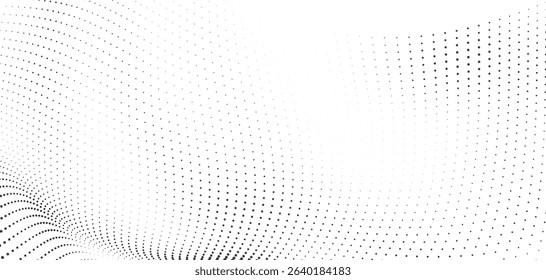 Halftone dots flowing in curved mesh wave pattern with smooth fade ideal for digital backgrounds abstract vector art and fluid design transitions in black and white