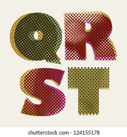 Halftone dots font, dirty grunge color pixels print texture letters, vector alphabet, letters Q R S T.