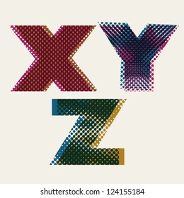 Halftone Dots Font, Dirty Grunge Color Pixels Print Texture Letters, Vector Alphabet, Letters X Y Z.