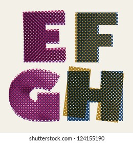 Halftone dots font, dirty grunge color pixels print texture letters, vector alphabet, letters E F G H.