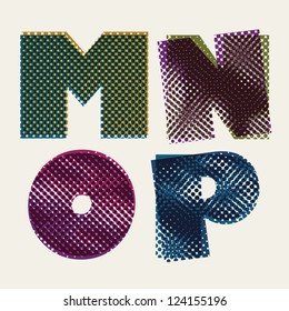 Halftone dots font, dirty grunge color pixels print texture letters, vector alphabet, letters M N O P.