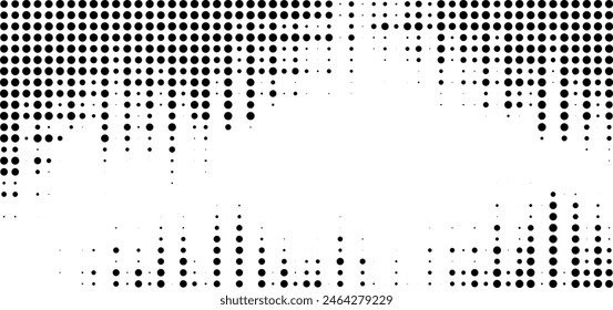 Halftone dots gradient background. Grunge halftone frame. White and black noise retro effect. Vector illustration