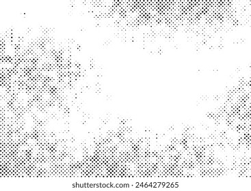 Halftone dots gradient background. Grunge halftone frame. White and black noise retro effect. Vector illustration