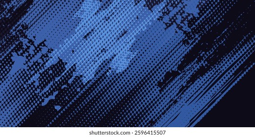 Halftone dots gradient grunge texture background blue and black color pattern. Dot pop art comic sport style vector grunge modern