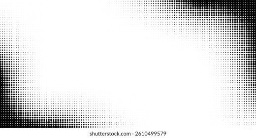 Halftone dots gradient horizontal background. Black and white fluid halftone pixelated backdrop. Halfton dots overlay for posters, cover, presentation