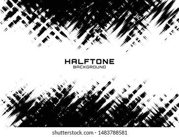 Halftone dots gradient pattern texture horizontal background. Frame using halftone circle zigzag grunge pattern for design of posters, flyers, brochures, covers. Vector zigzag spotted illustration. 