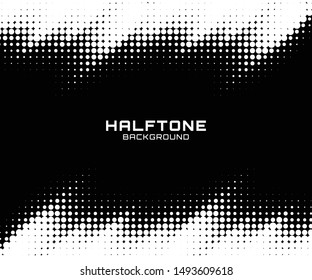 Halftone dots gradient pattern texture horizontal background. Frame using halftone circle zigzag grunge pattern for design of posters, flyers, brochures, covers. Vector zigzag spotted illustration. 